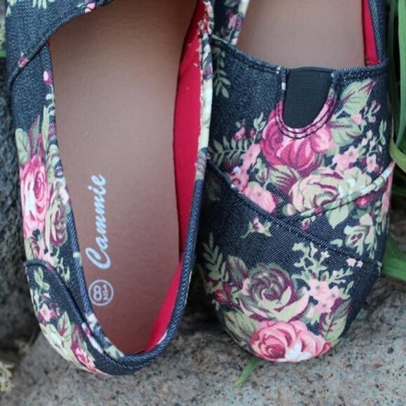 Navy Blue Floral Flats Shoes Comfy Flower Slip On - Picture 2 of 5